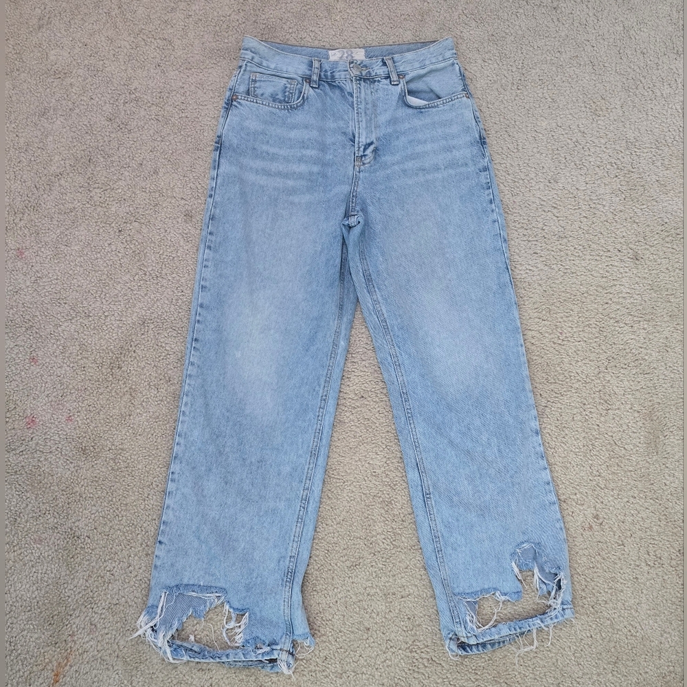 Free People We the Free Jeans Wide Leg Distressed Denim Raw Hem Size 28 (28x29)